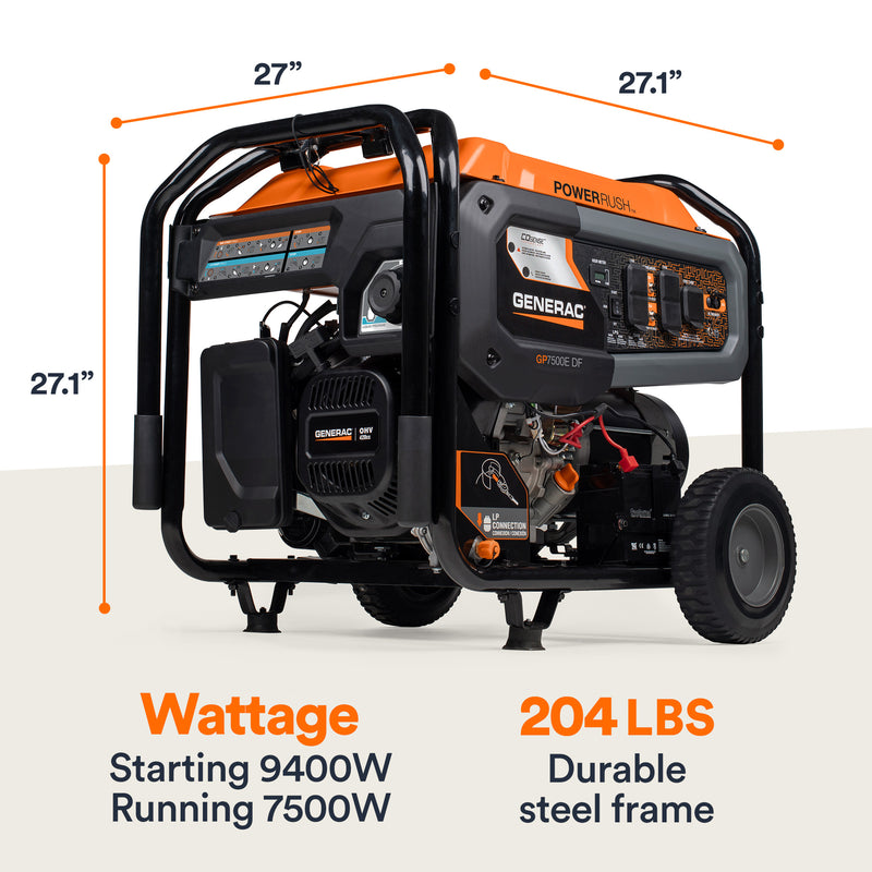 Generac Portable Generator, 7500W Dual Fuel