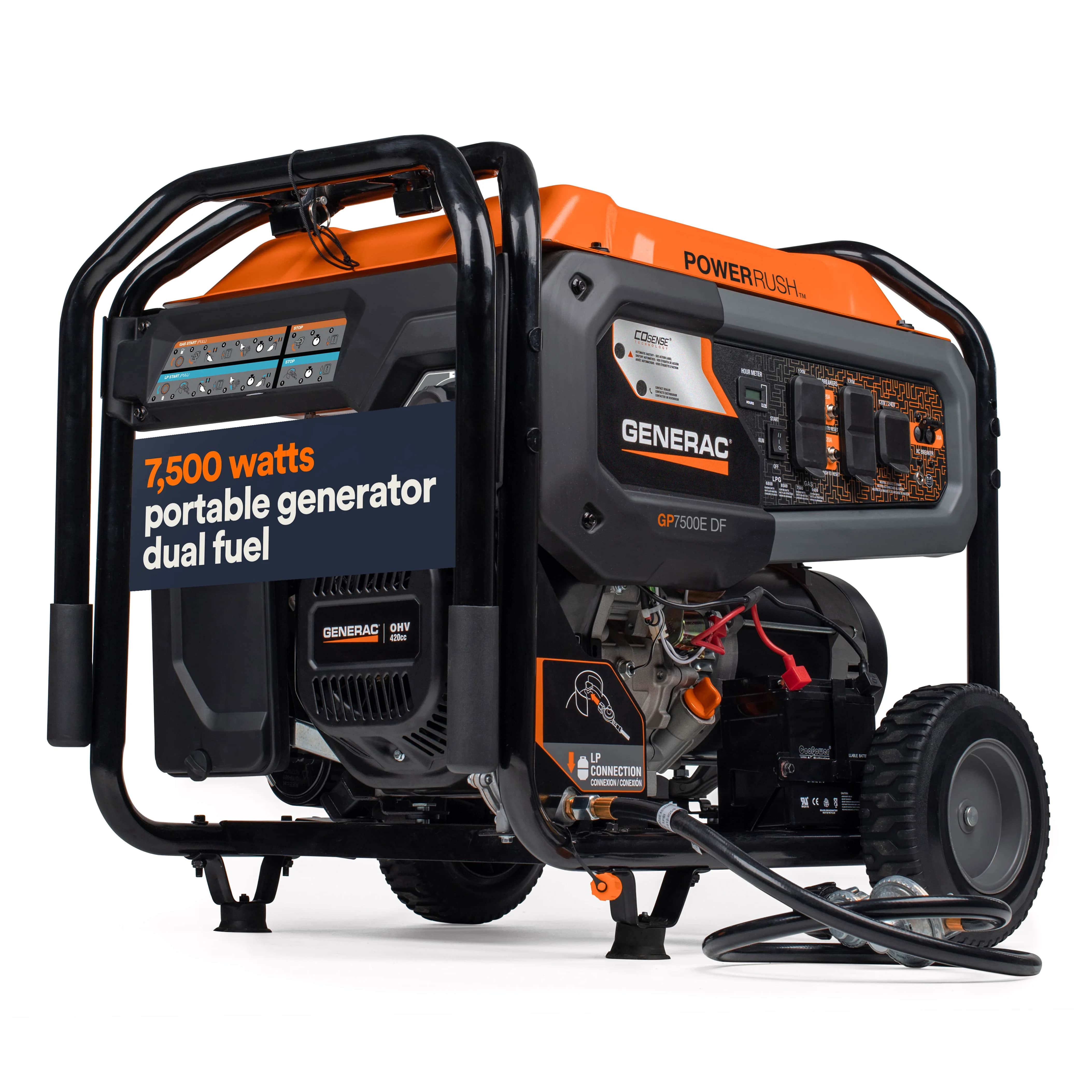 Generac Portable Generator, 7500W Dual Fuel